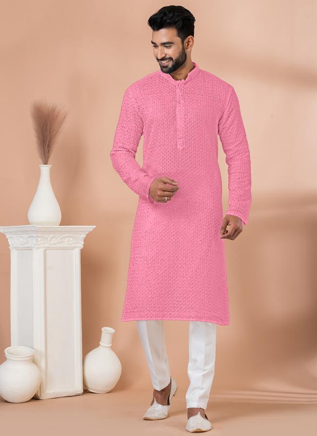 Georgette Flamingo Pink Festival Wear Sequins Work Readymade Kurta Pajama